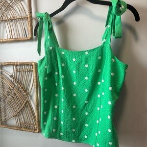 Polka Dots | Bold Colors | Green and White Women's Top with Tie Sleeves | size M